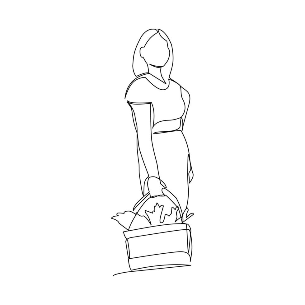 illustration vectorielle d'une femme avec un panier dessiné dans un style d'art en ligne vecteur