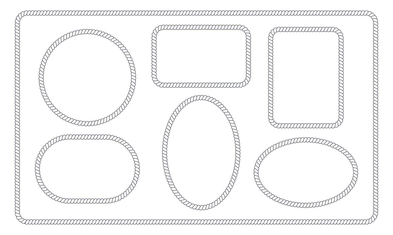 ensemble de cadres de corde différents. cercle, ovale, formes rectangulaires dans un style yacht rétro. éléments de design nautique pour l'impression et la décoration vecteur