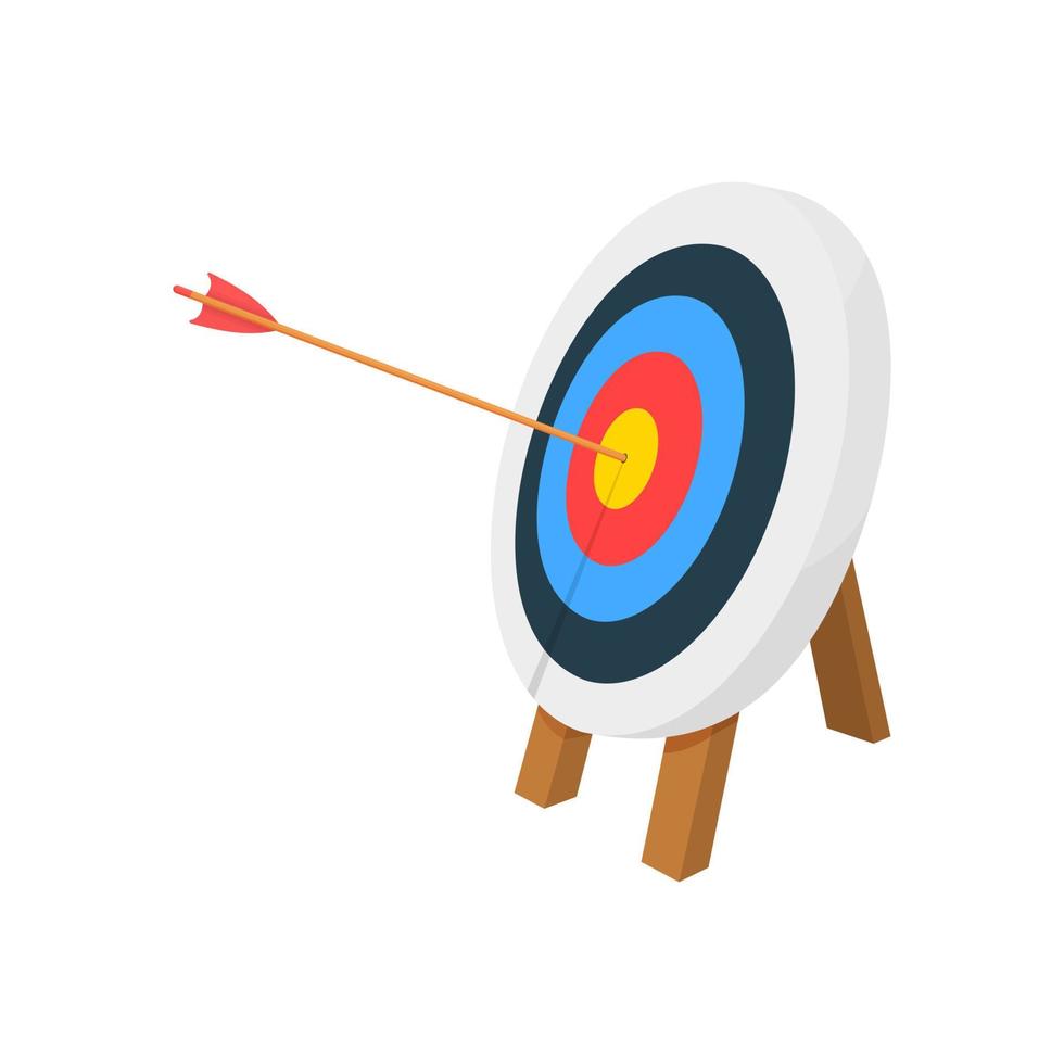 anneau cible de tir à l'arc avec flèche frappant bullseye. jeu de fléchettes sur trépied. idée de réalisation d'objectif. symbole de stratégie de réussite commerciale. concept d'efficacité et de précision vecteur