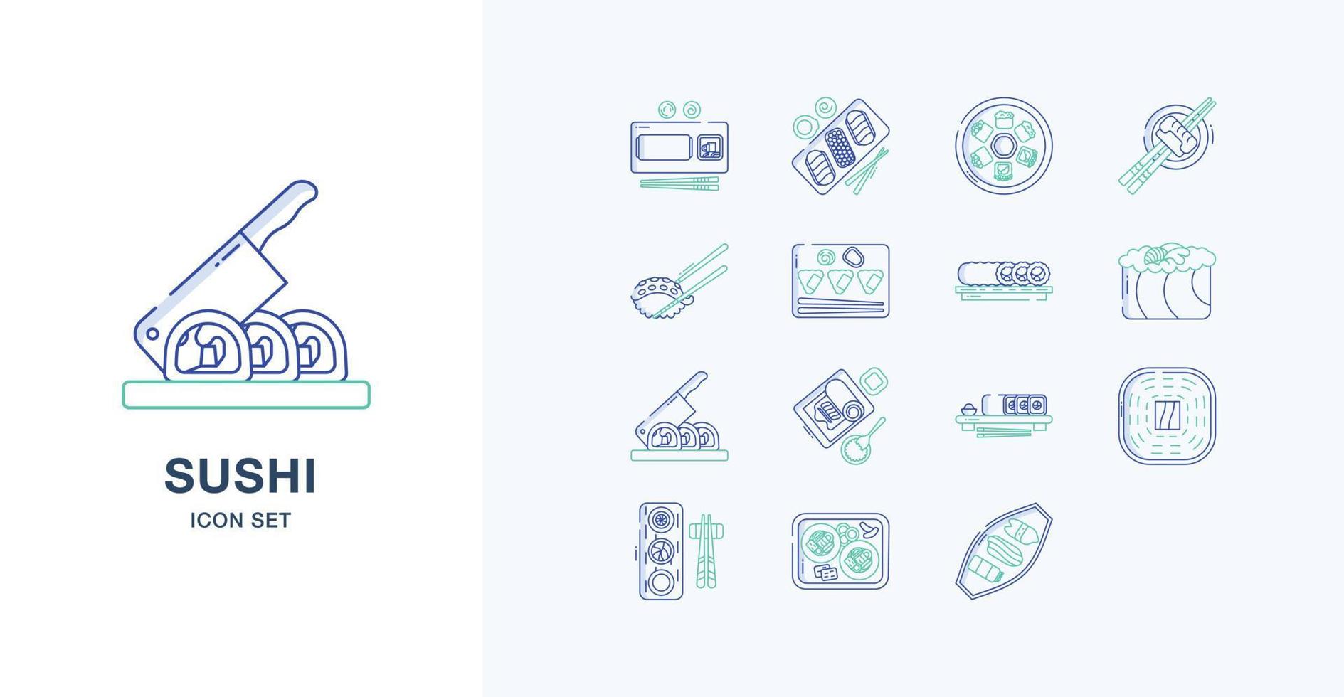jeu d'icônes colorées de contour de nourriture japonaise de sushi vecteur