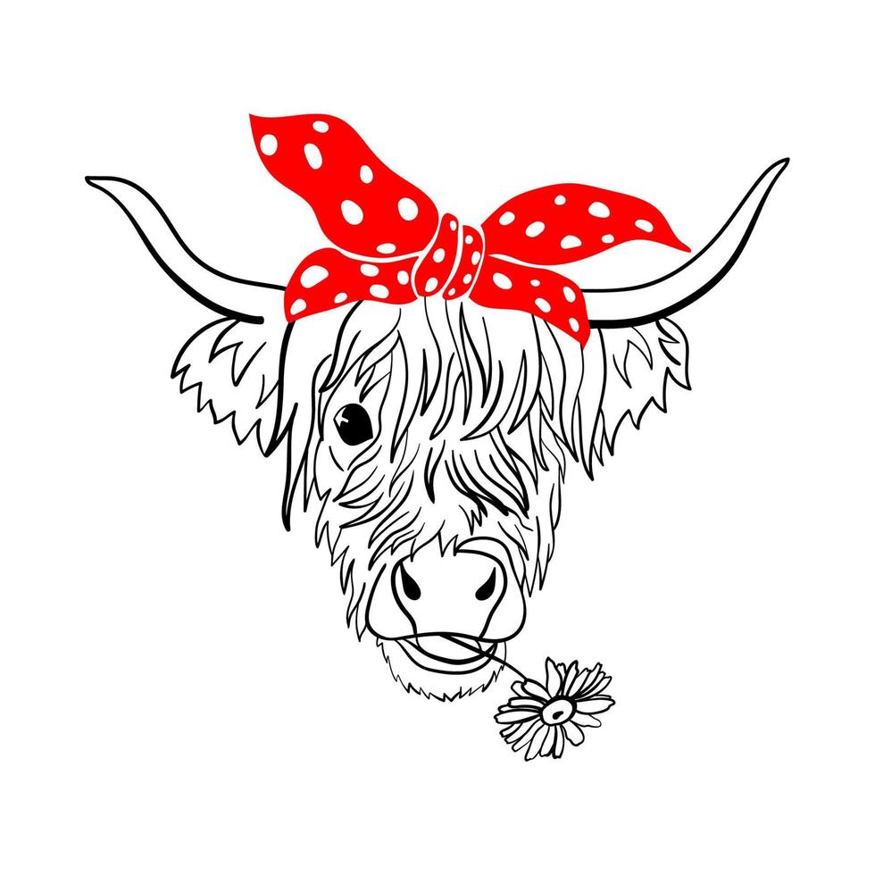 portrait de vache avec fleur. illustration vectorielle dessinés à la main. animal de mode pour votre conception. la tête d'une vache américaine dans un foulard rouge. vecteur