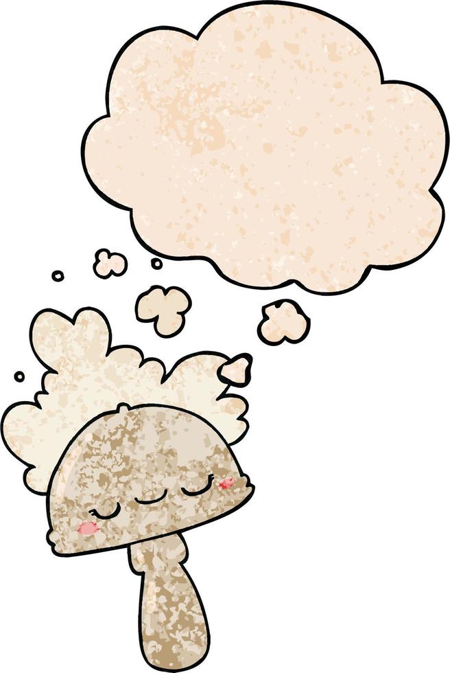champignon de dessin animé avec nuage de spores et bulle de pensée dans le style de motif de texture grunge vecteur