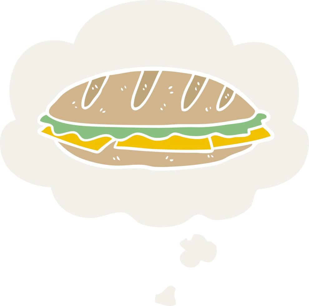 sandwich au fromage de dessin animé et bulle de pensée dans un style rétro vecteur
