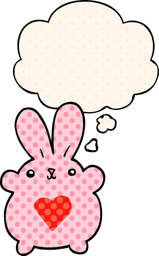 lapin de dessin animé mignon avec coeur d'amour et bulle de pensée dans le style de la bande dessinée vecteur