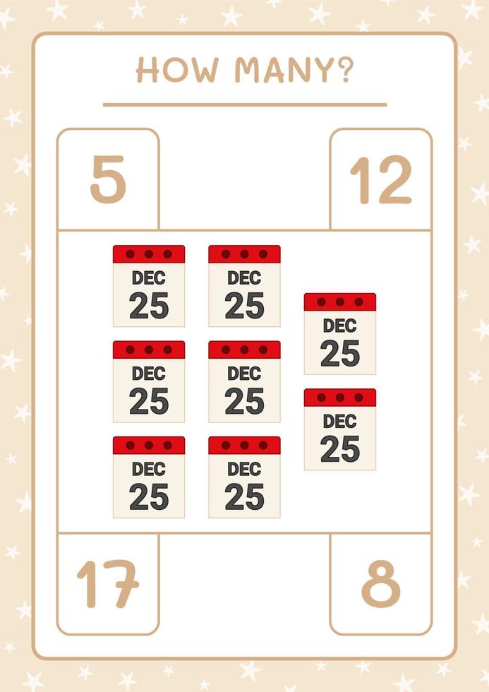 combien de calendrier de noël, jeu pour enfants. illustration vectorielle, feuille de calcul imprimable vecteur