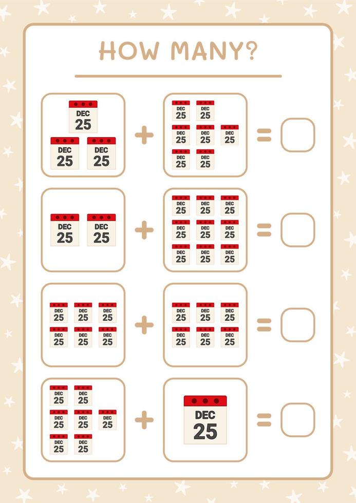 combien de calendrier de noël, jeu pour enfants. illustration vectorielle, feuille de calcul imprimable vecteur