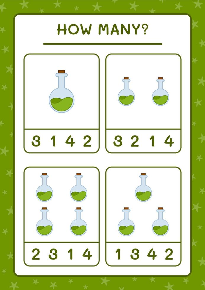 combien de bouteille de potion, jeu pour enfants. illustration vectorielle, feuille de calcul imprimable vecteur