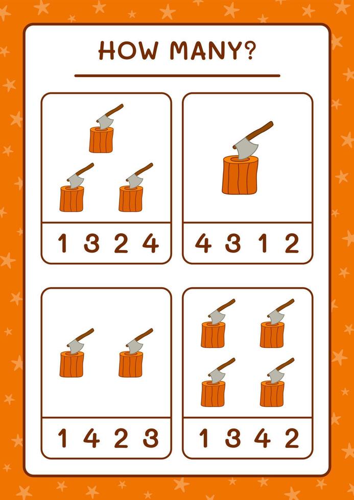 combien de souche avec hache, jeu pour enfants. illustration vectorielle, feuille de calcul imprimable vecteur