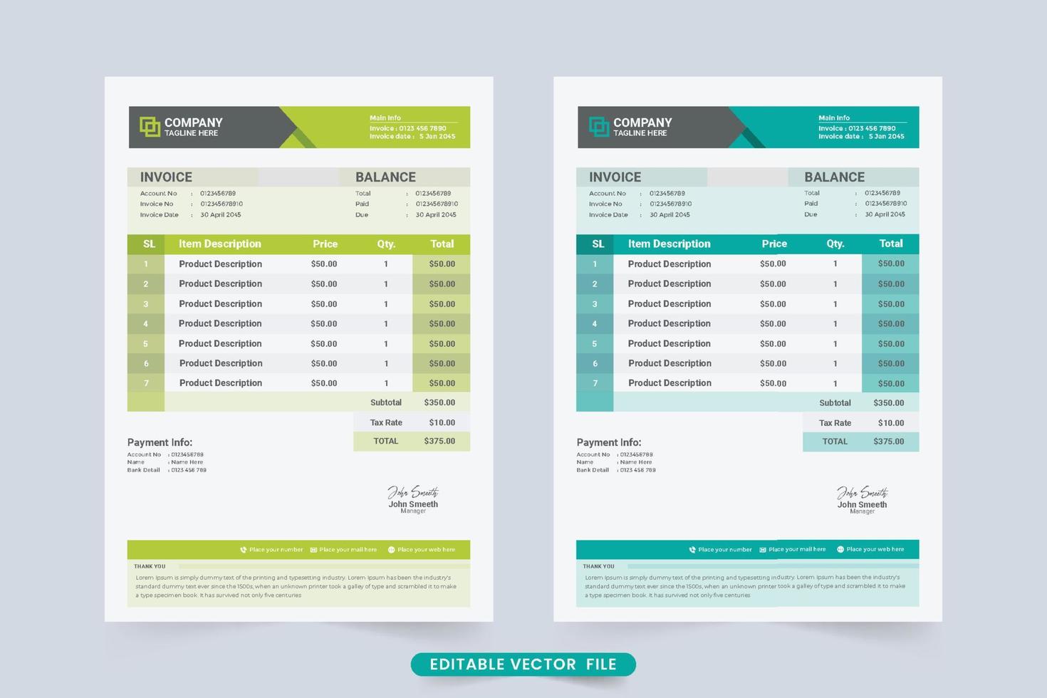 conception de modèle de reçu de paiement avec couleur jaune-vert et cyan. vecteur de modèle de facture créative pour les informations sur le produit et le paiement. décoration de reçus de caisse et conception de papeterie commerciale.