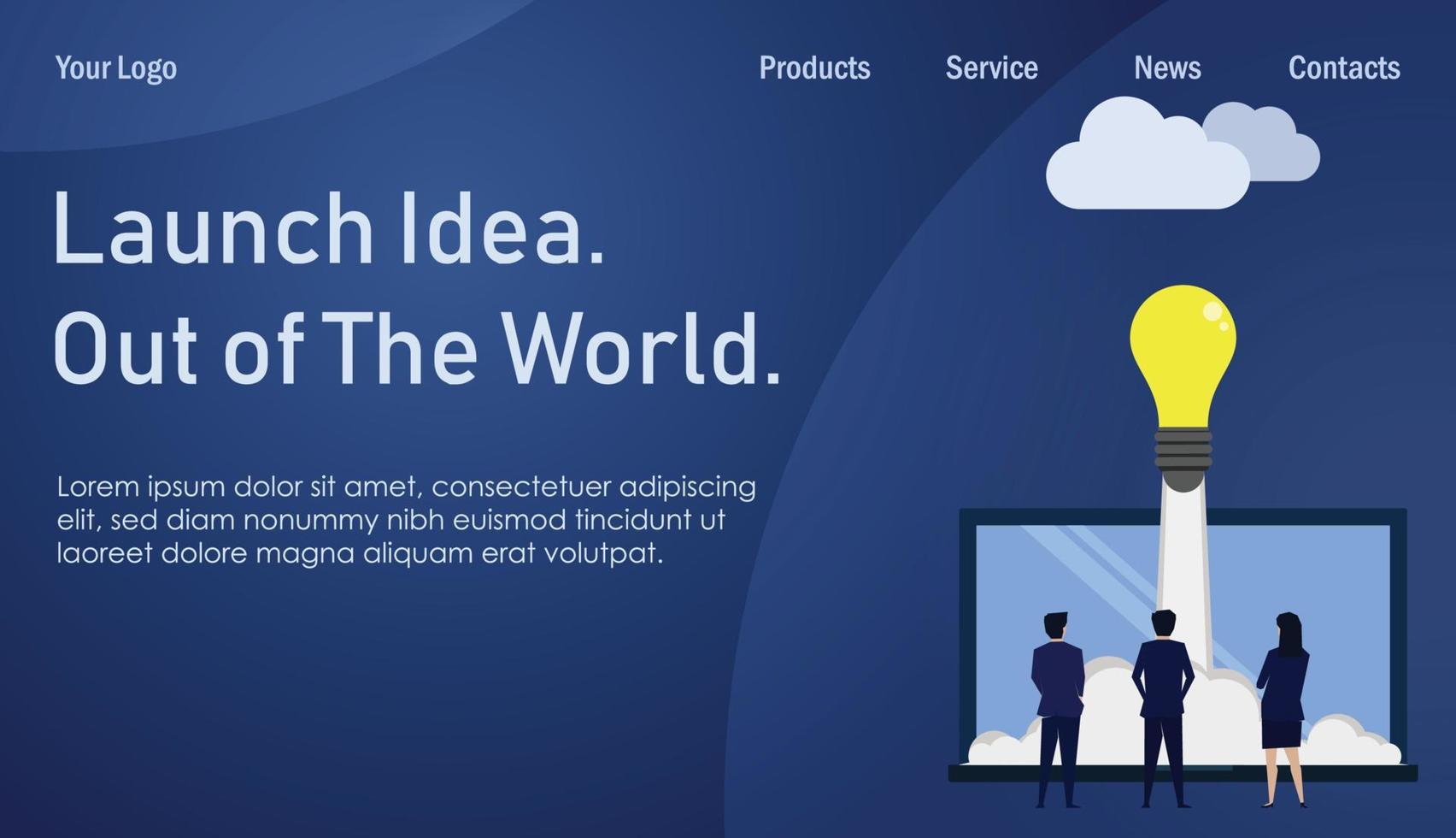 trois hommes d'affaires et une femme voient l'idée se lancer de l'ordinateur portable vers l'internet en nuage. modèle de page de destination d'entreprise. vecteur