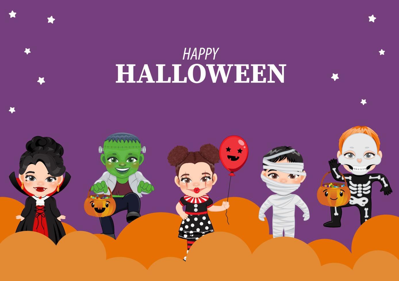 bannière de fête d'halloween ou arrière-plan avec des enfants heureux en vecteur de costumes d'halloween