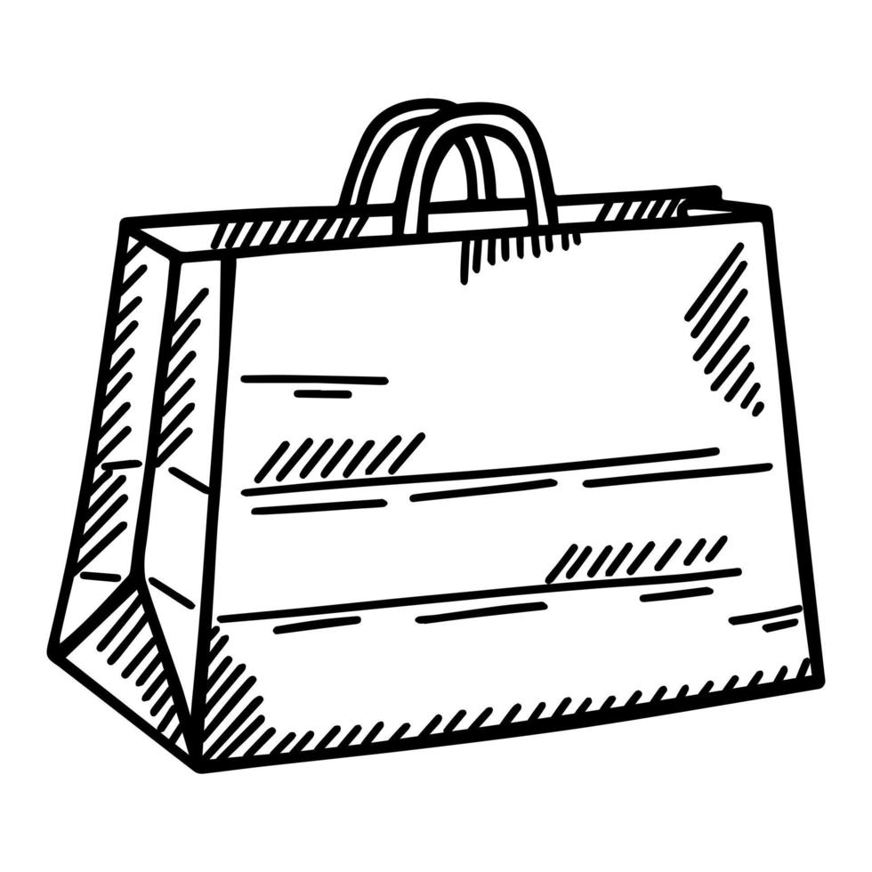 sac à provisions en papier esquissé isolé. paquet de doodle dans un style dessiné à la main. vecteur