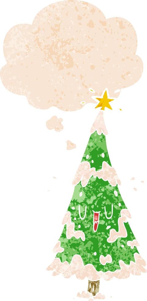 arbre de noël de dessin animé et bulle de pensée dans un style texturé rétro vecteur