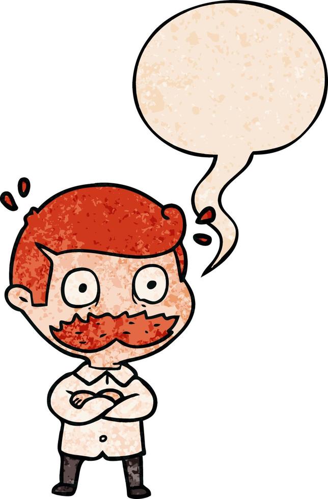 homme de dessin animé et moustache choqué et bulle de dialogue dans un style de texture rétro vecteur