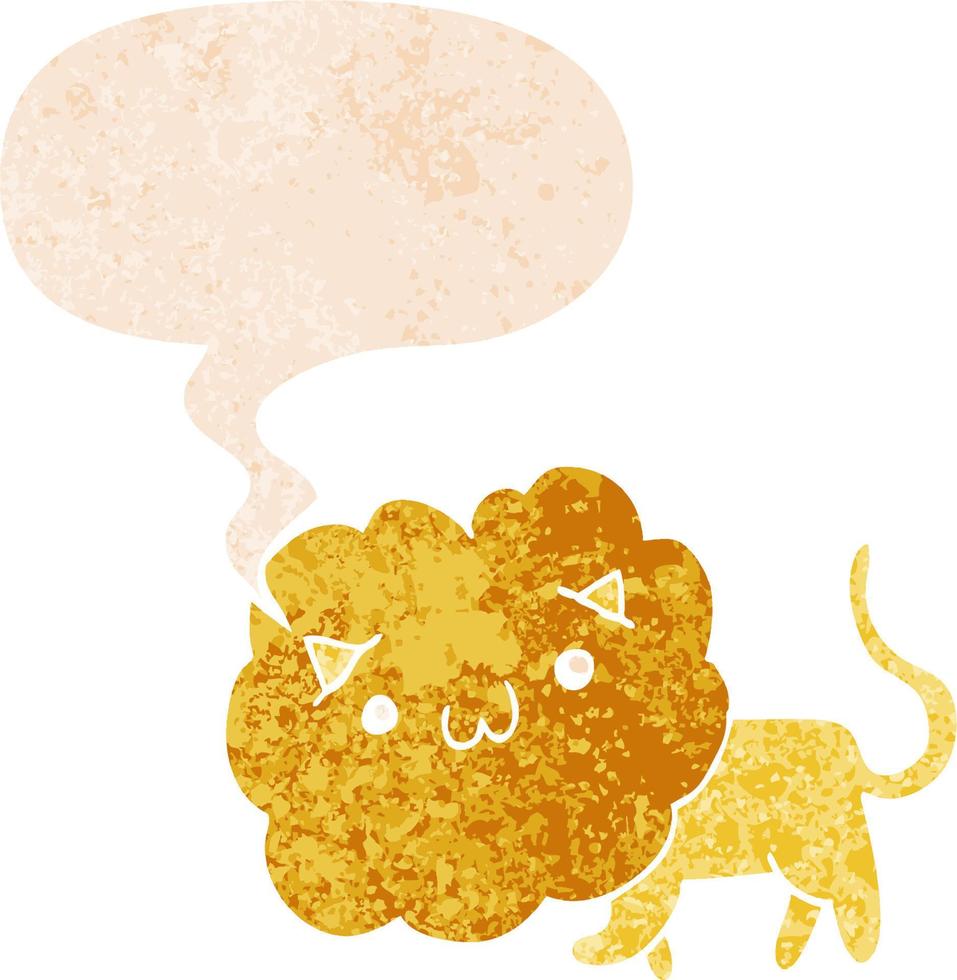 lion de dessin animé et bulle de dialogue dans un style texturé rétro vecteur