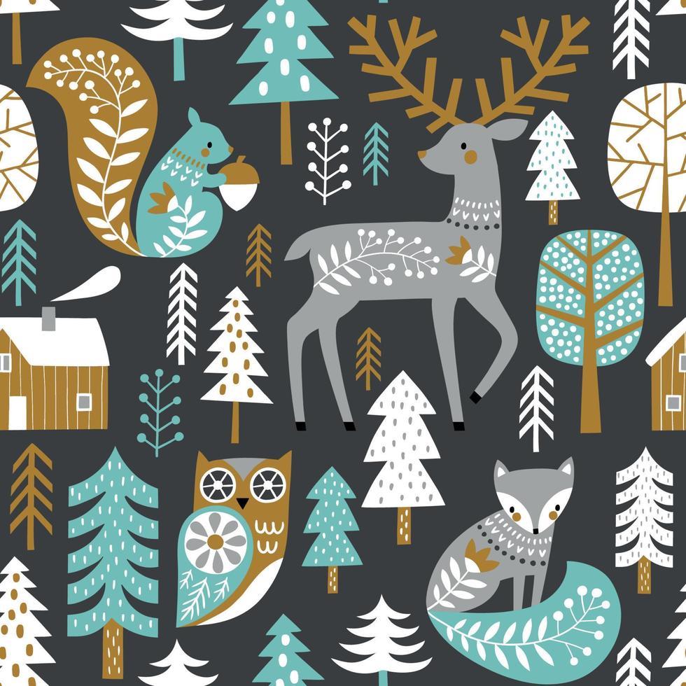 modèle sans couture avec de jolis animaux des bois et des bois sur fond gris foncé. illustration boisée scandinave. vecteur