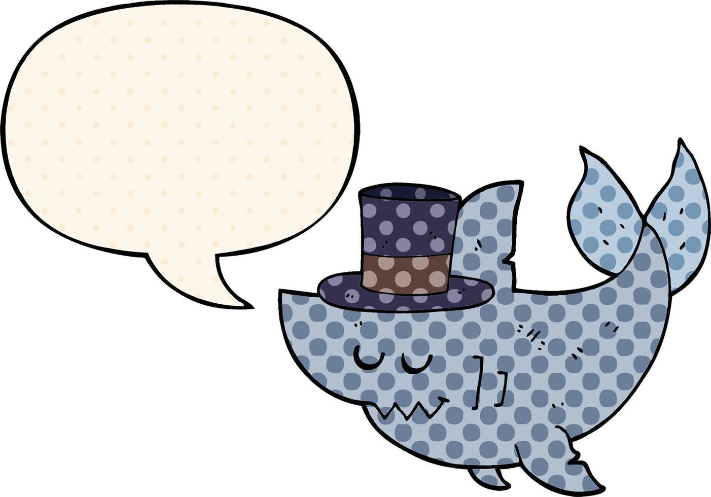 requin de dessin animé portant un chapeau haut de forme et une bulle de dialogue dans le style de la bande dessinée vecteur