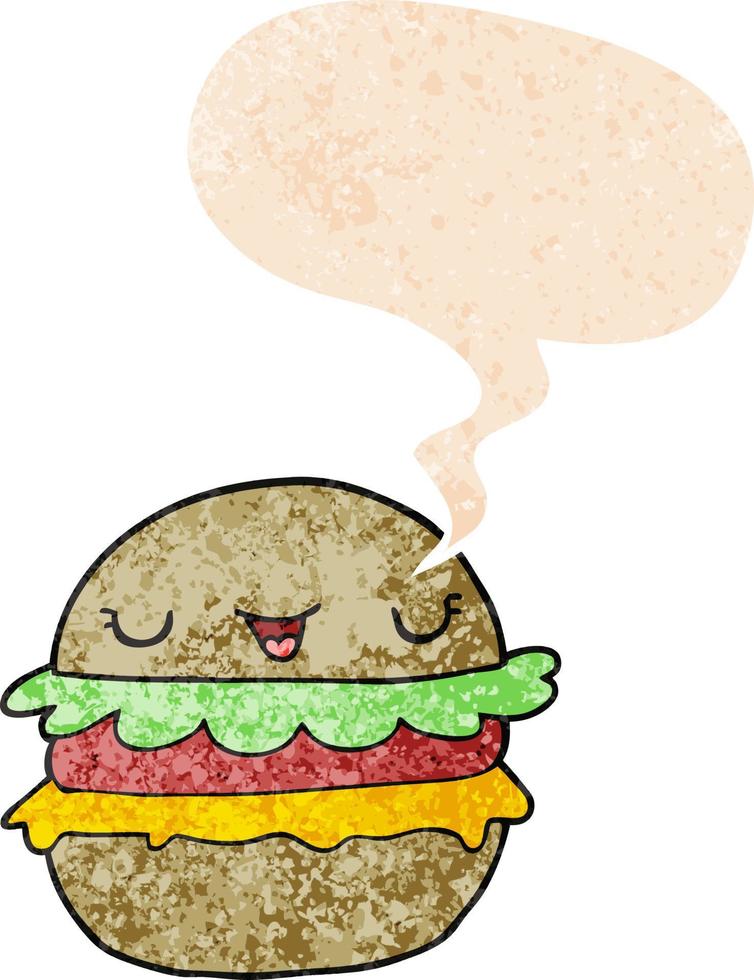 burger de dessin animé et bulle de dialogue dans un style texturé rétro vecteur