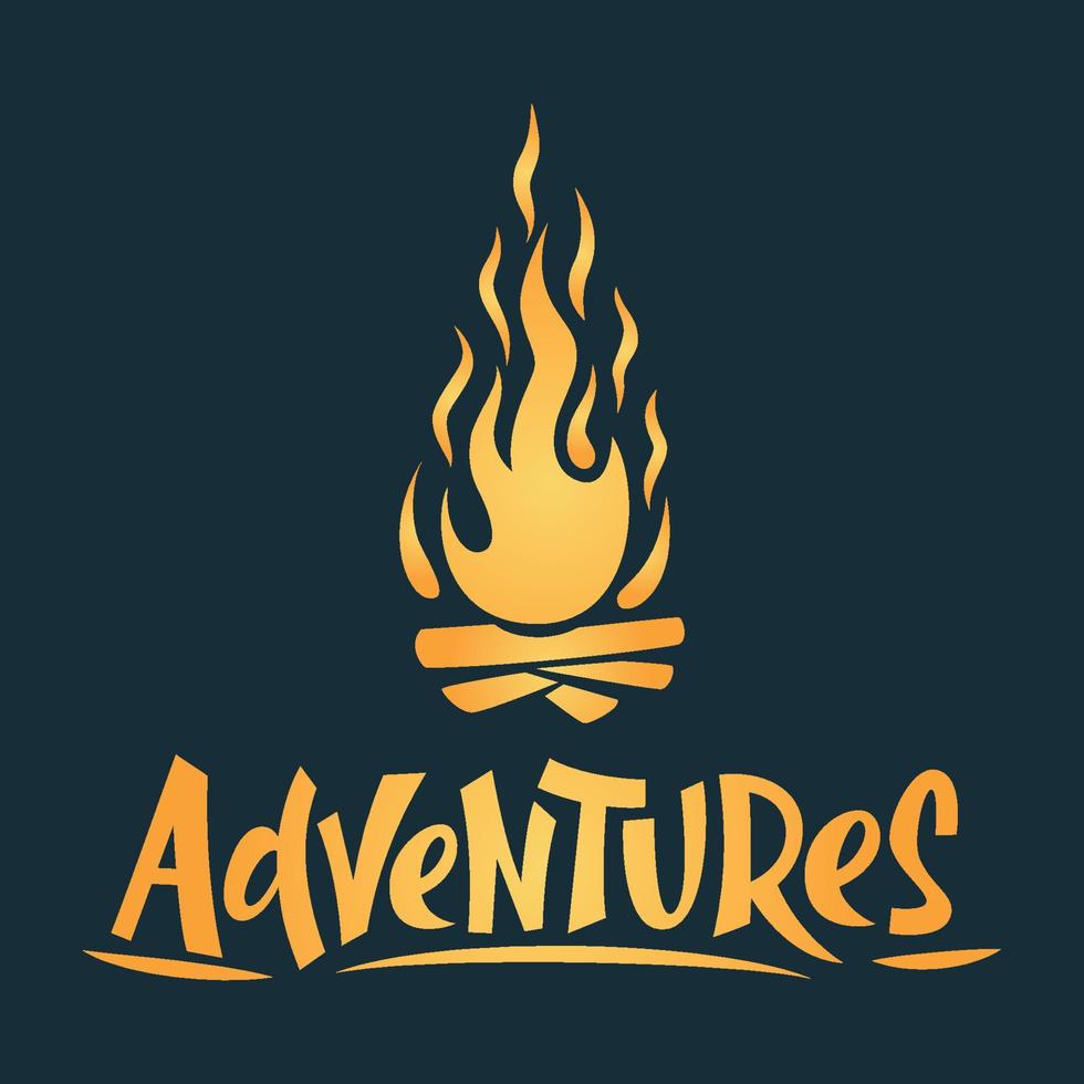 feu de camp en bois sur fond sombre, symbole de voyage et d'aventure. aventures lettrage dessiné à la main vecteur