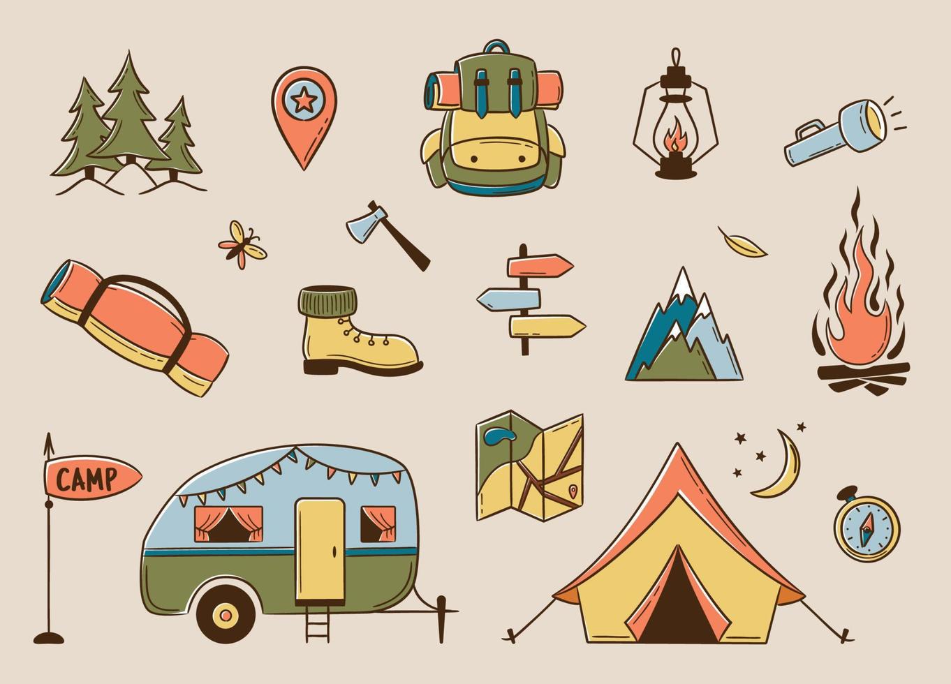 ensemble d'éléments colorés de camping et de randonnée, emblèmes d'aventure en plein air. vecteur