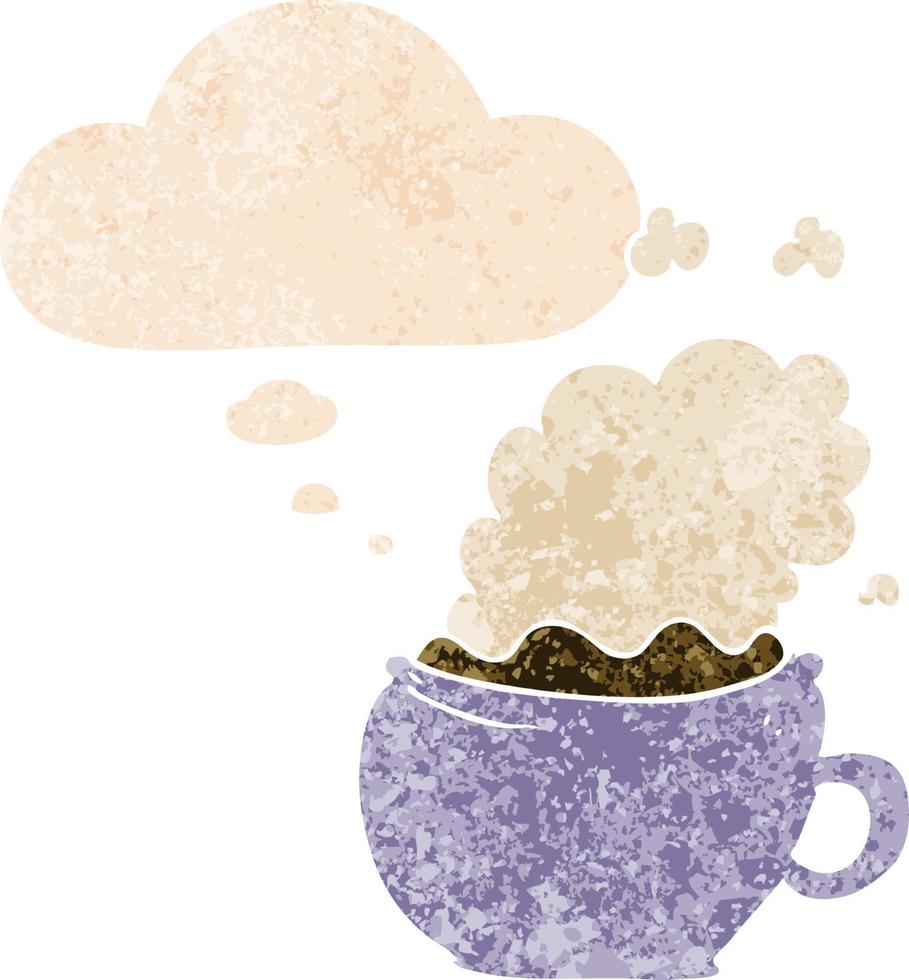 dessin animé tasse de café chaud et bulle de pensée dans un style texturé rétro vecteur