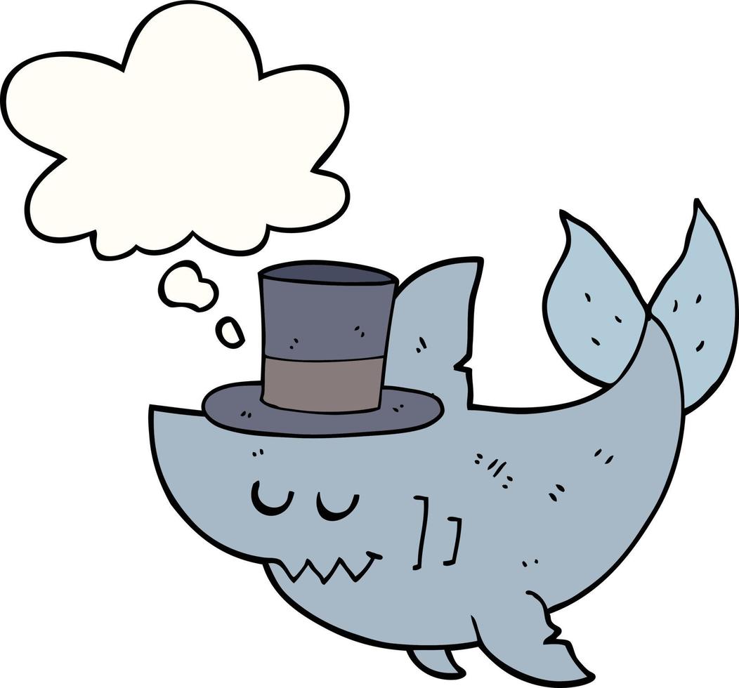 requin de dessin animé portant un chapeau haut de forme et une bulle de pensée vecteur