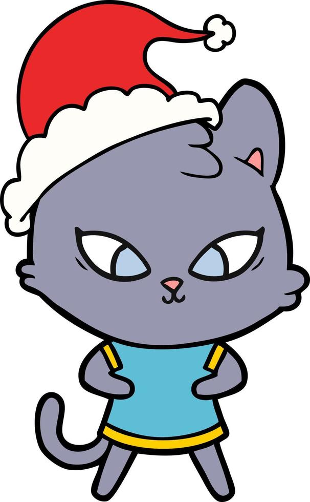 joli dessin au trait d'un chat portant un bonnet de noel vecteur