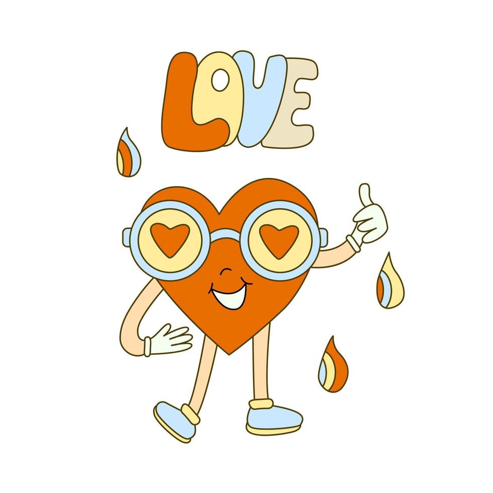 affiche d'ambiance hippie avec un personnage en forme de coeur portant des lunettes de soleil. illustration vectorielle rétro des années 70. style de dessin animé génial. amour lettrage dessiné à la main vecteur