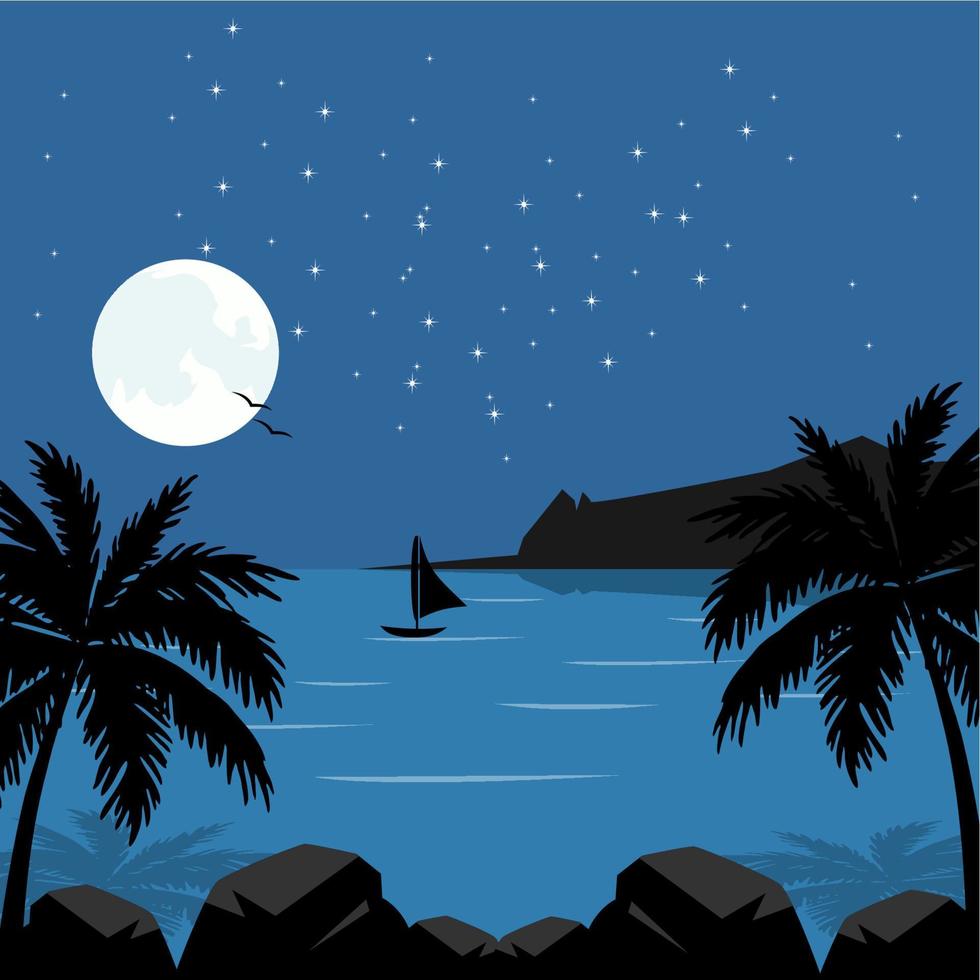 nuit lunaire et ciel étoilé. plein clair de lune sur l'eau dans l'obscurité. beau paysage naturel romantique. illustration vectorielle. vecteur