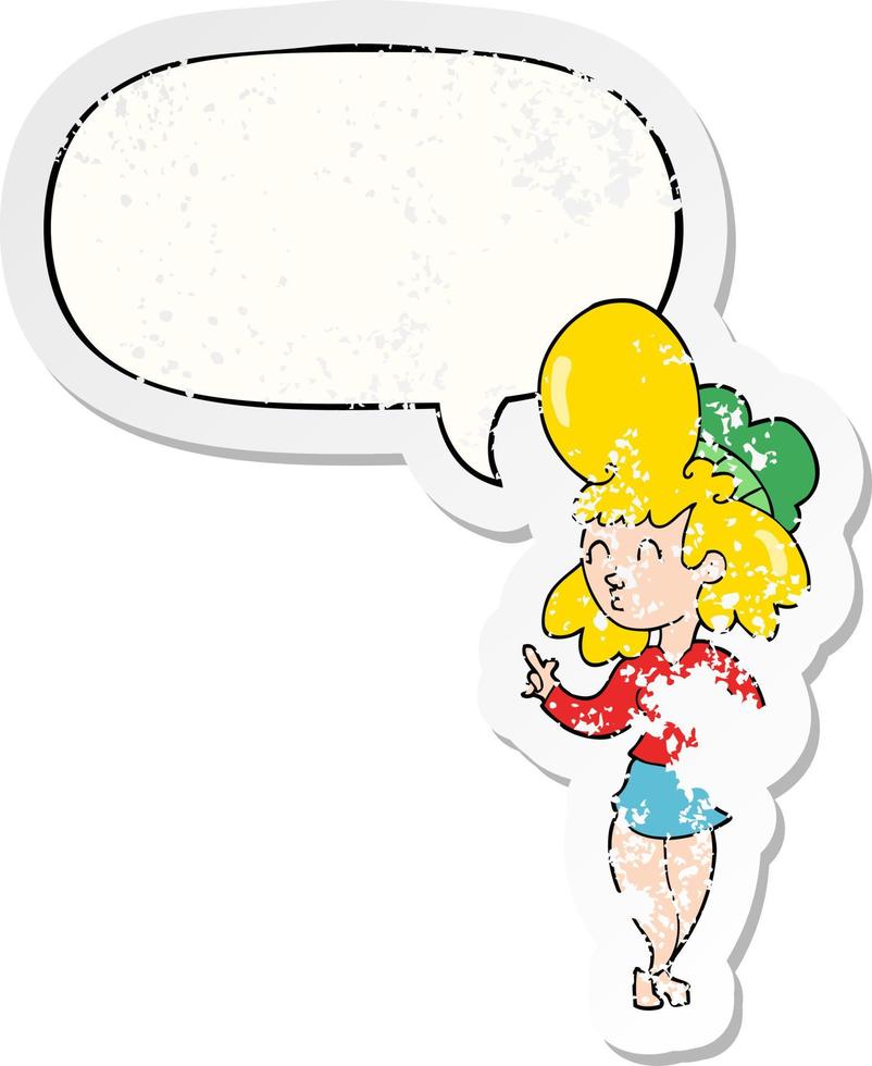 dessin animé femme et gros cheveux et bulle autocollant en détresse vecteur