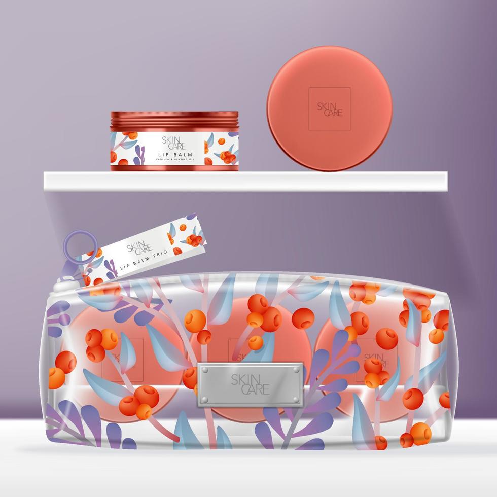 vecteur transparent pvc cosmétiques, sac de beauté ou de lavage avec emballage de bocal en étain à bouchon à vis teinté. motif fleuri orange violet imprimé.