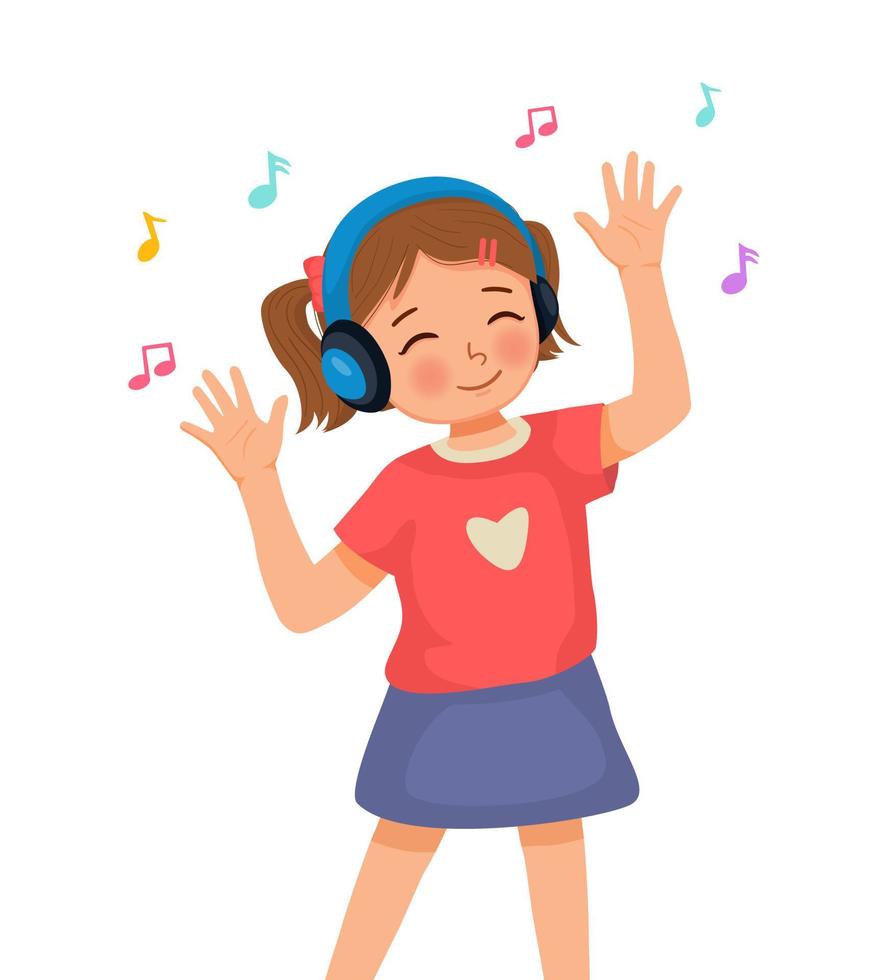 heureuse petite fille mignonne dansant tout en écoutant de la musique avec un casque vecteur