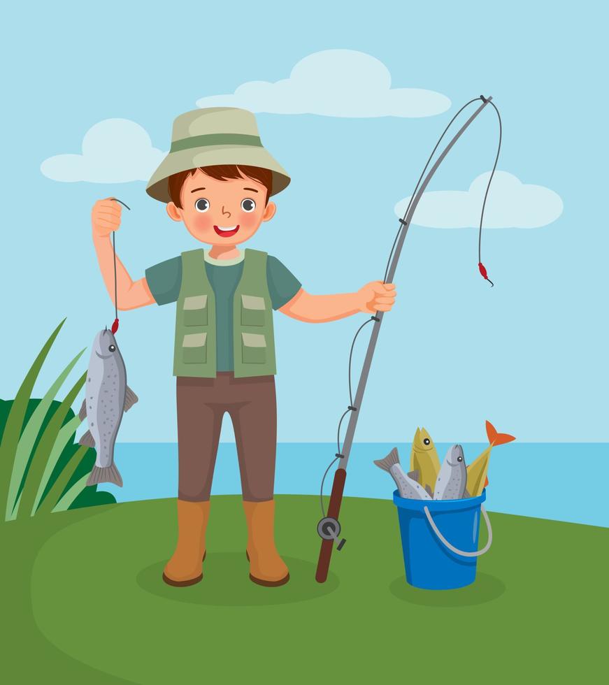 mignon petit garçon tenant un gros hameçon sur la canne à pêche debout près d'un seau plein de poissons vecteur