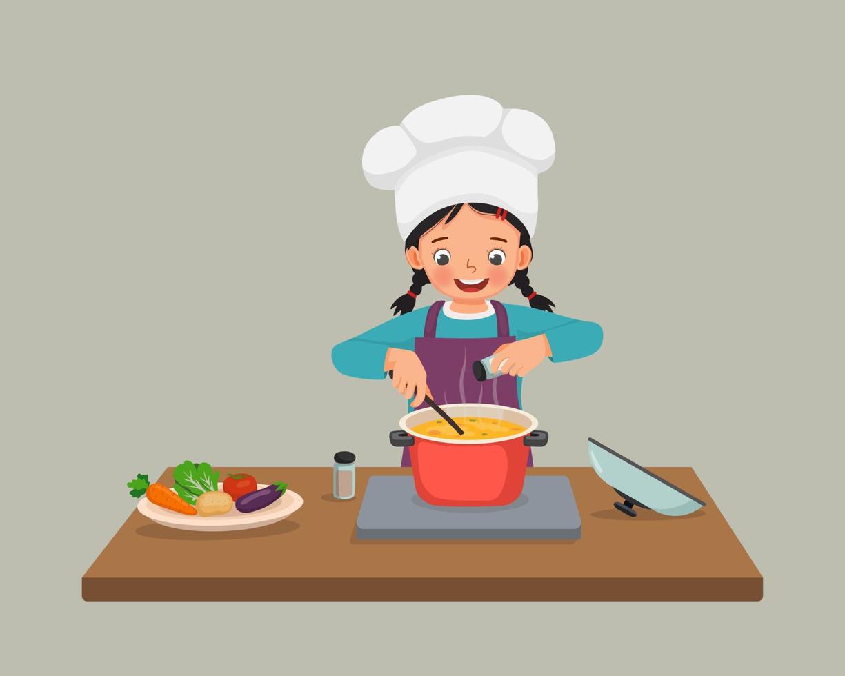 jolie petite fille chef cuisinant une délicieuse soupe de légumes avec une poêle ajoutant des épices dans la cuisine vecteur
