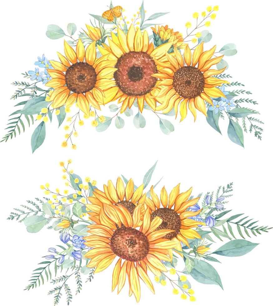 bouquets de tournesols et de fleurs sauvages. composition aquarelle vecteur