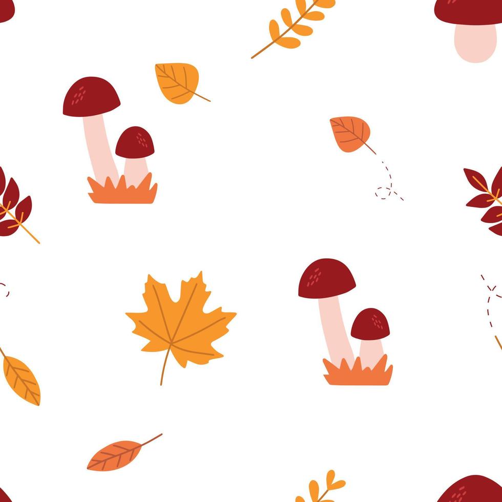 motif d'automne avec des feuilles et des champignons de saison colorés. vecteur