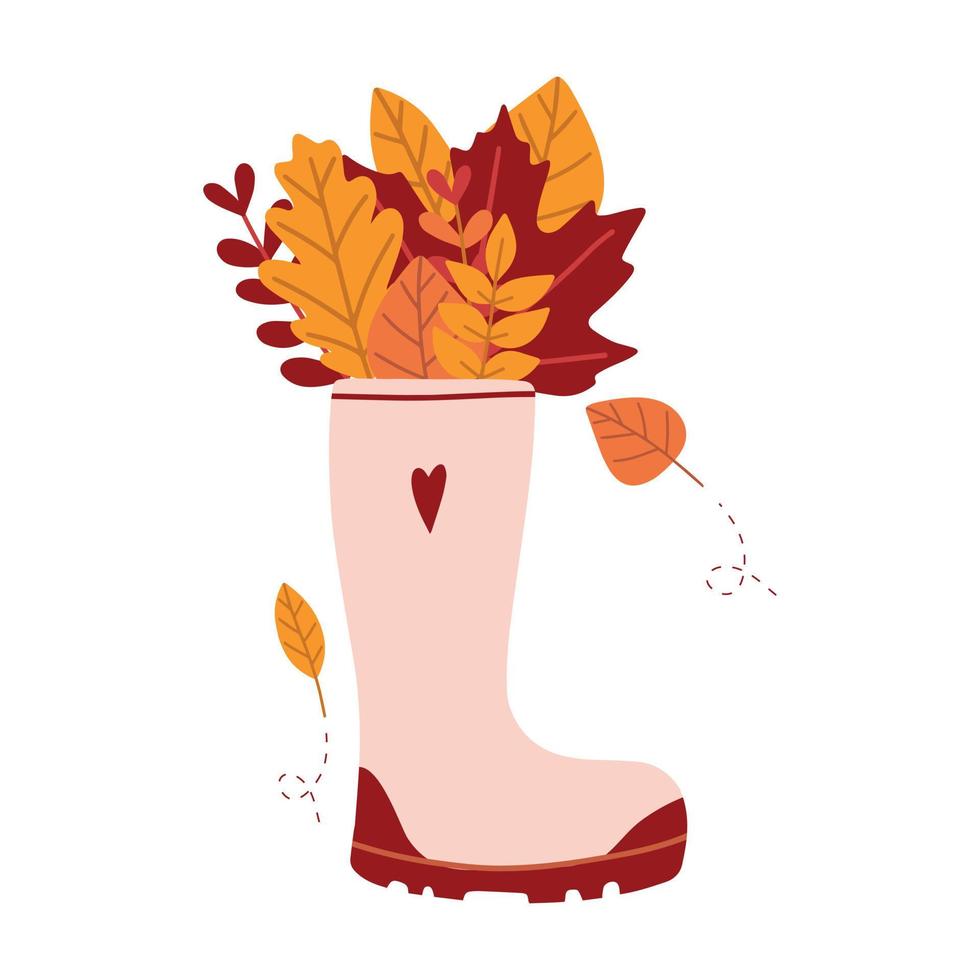 bottes d'automne. illustration dessinée à la main de botte de mode, bouquet de feuilles d'automne. éléments isolés sur fond blanc vecteur