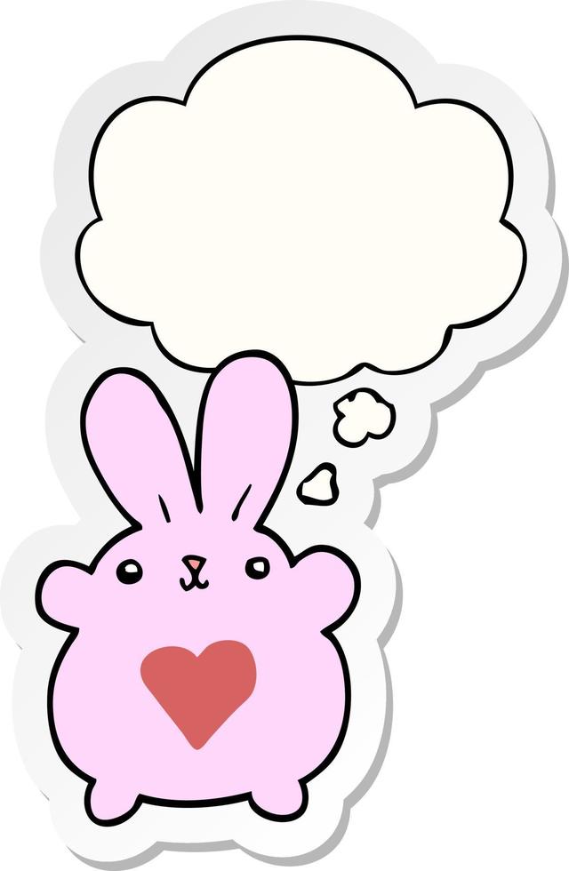 lapin mignon de bande dessinée avec le coeur d'amour et la bulle de pensée comme autocollant imprimé vecteur