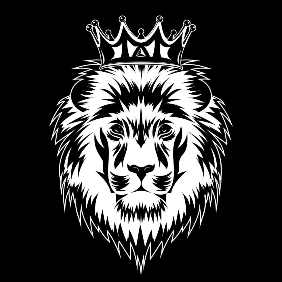 tête de lion dans la silhouette du logo de la couronne. emblème animal hipster pour la conception de t-shirt. tatouage vintage noir. mascotte roi gros chat pour l'équipe de jeu de sport. sur le fond sombre. illustration vectorielle. vecteur