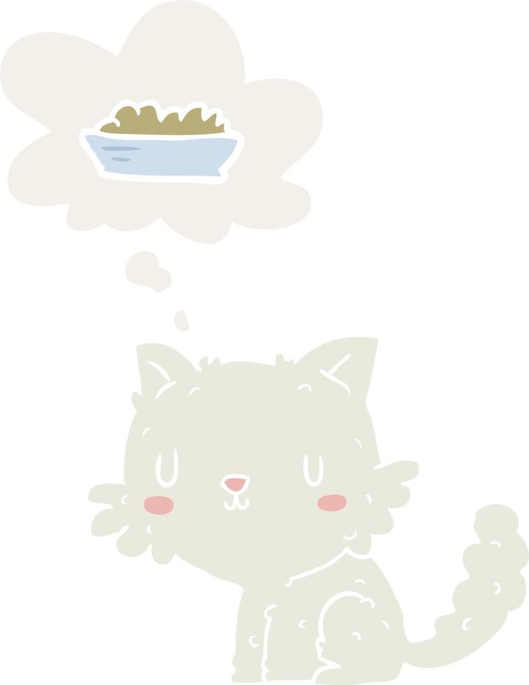 chat de dessin animé et nourriture et bulle de pensée dans un style rétro vecteur
