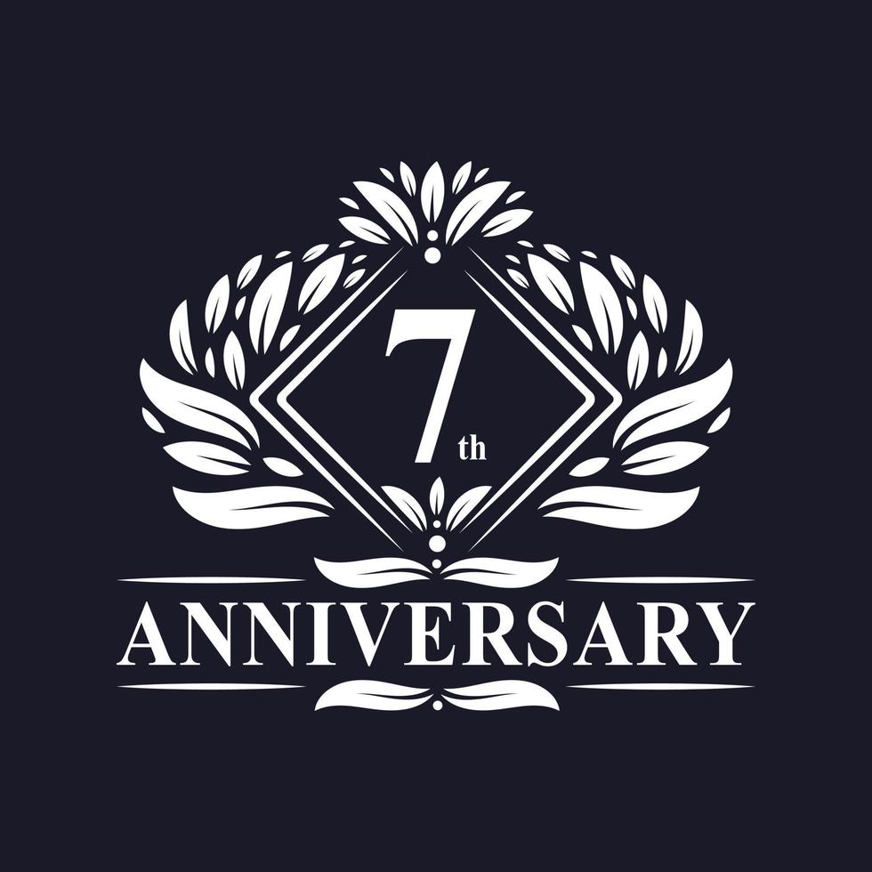 Logo anniversaire 7 ans, logo floral de luxe 7e anniversaire. vecteur