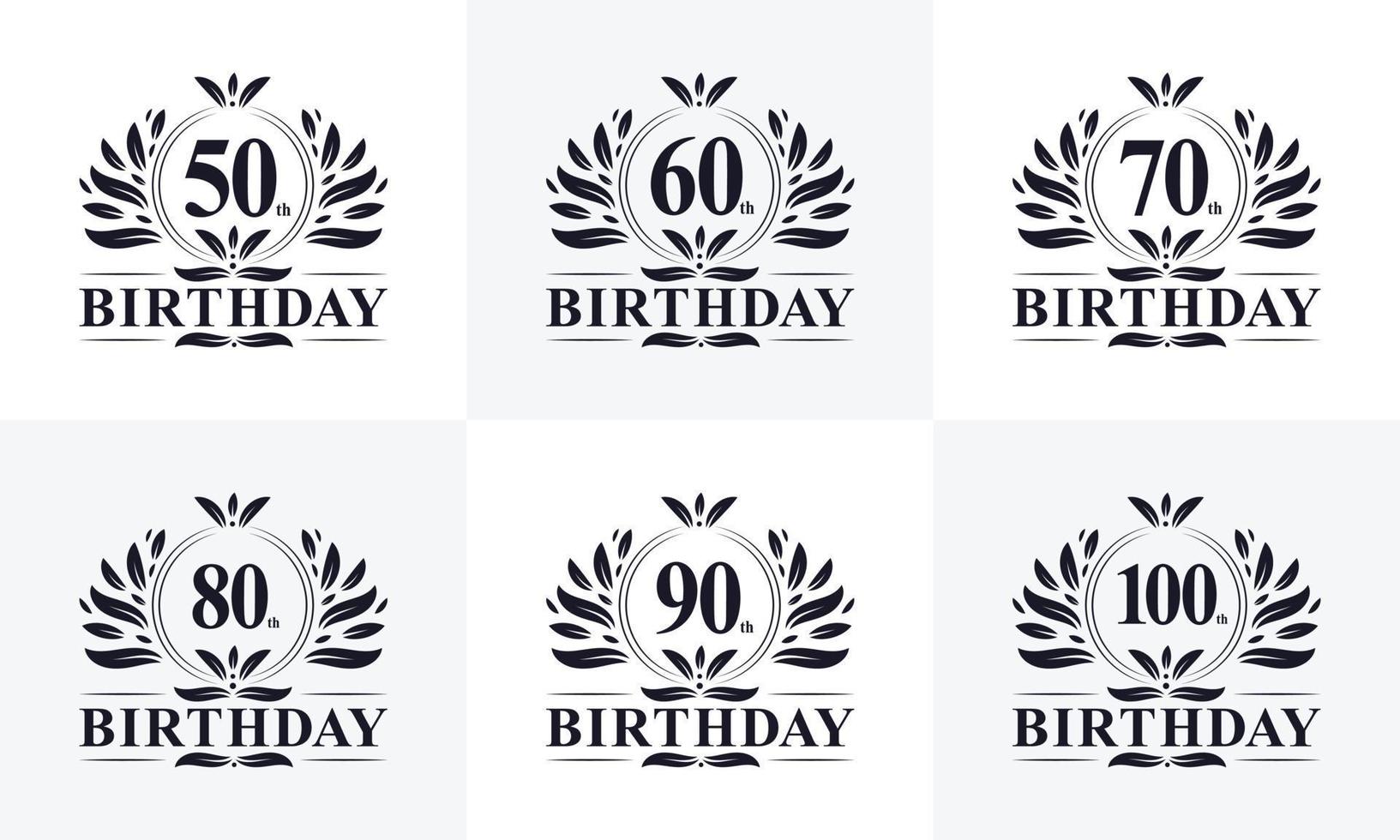 ensemble de logo d'anniversaire rétro vintage. ensemble luxueux de logo d'anniversaire doré. 50e, 60e, 70e, 80e, 90e, 100e lot de logos joyeux anniversaire. vecteur