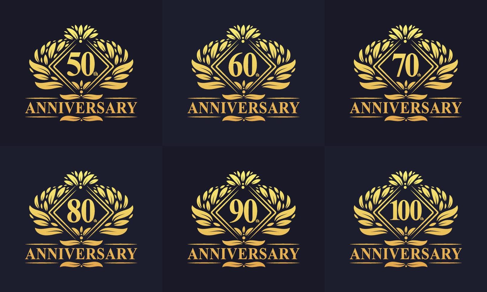 ensemble de logo anniversaire rétro vintage. ensemble luxueux de logo d'anniversaire d'or. 50e, 60e, 70e, 80e, 90e, 100e ensemble de logos joyeux anniversaire. vecteur