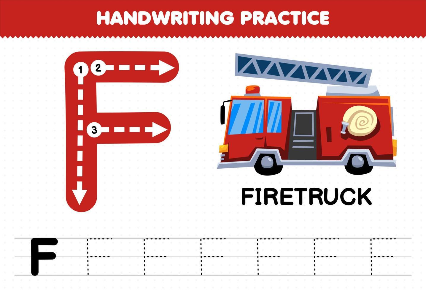 jeu éducatif pour les enfants pratique de l'écriture manuscrite avec des lettres majuscules f pour feuille de travail imprimable de camion de pompier vecteur
