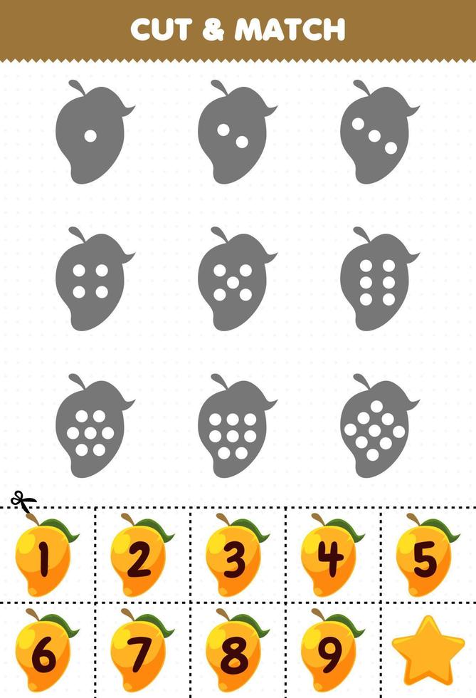 jeu éducatif pour les enfants comptez les points sur chaque silhouette et associez-les à la bonne feuille de travail imprimable sur les mangues numérotées vecteur