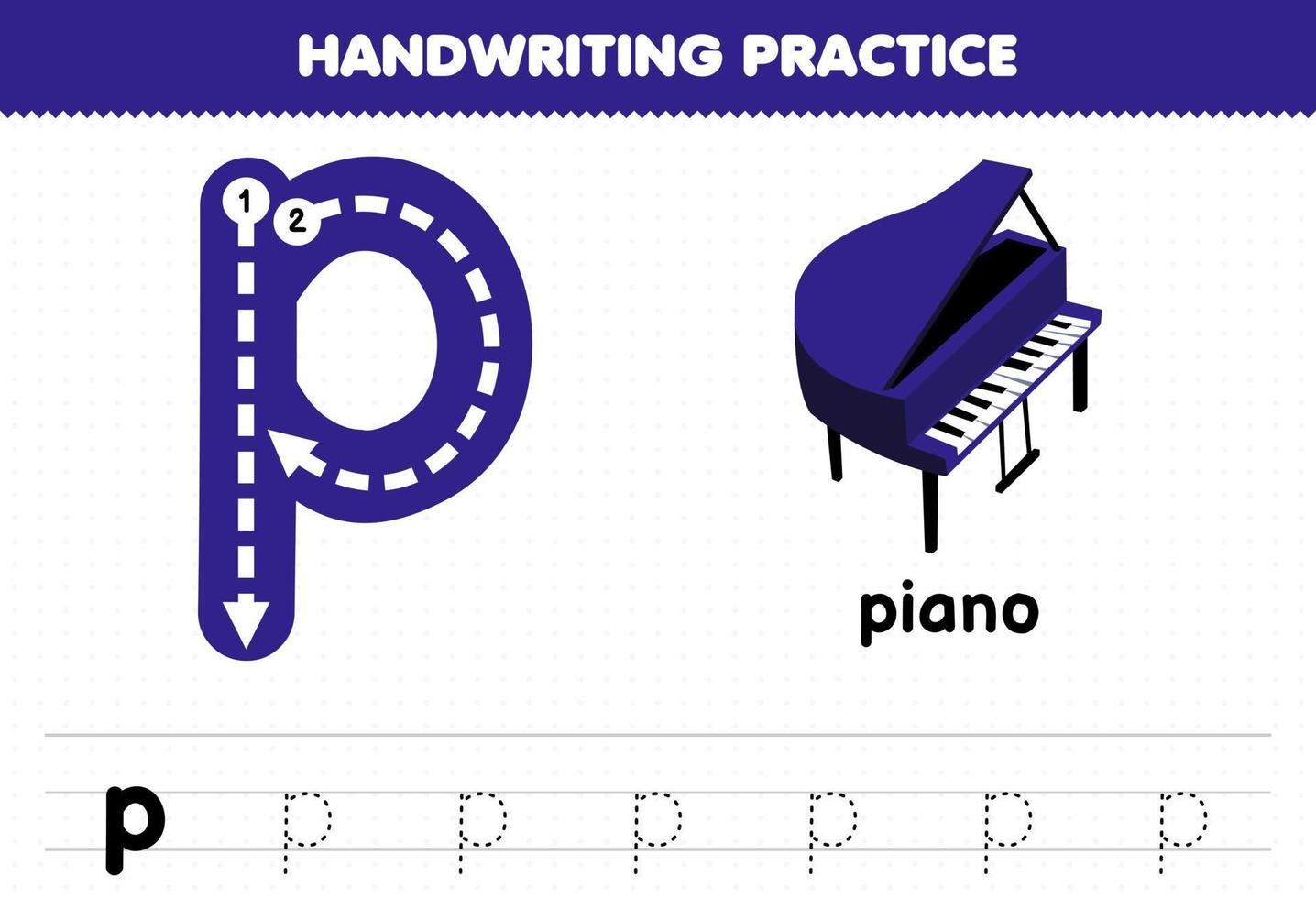 jeu éducatif pour les enfants pratique de l'écriture manuscrite avec des lettres minuscules p pour piano feuille de travail imprimable vecteur