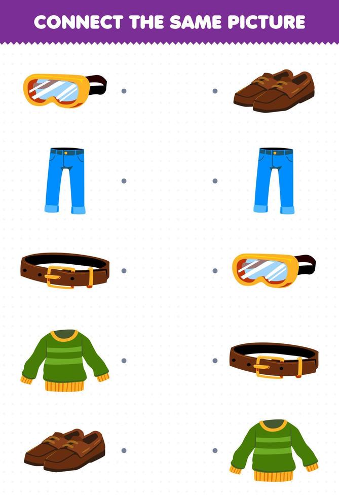 jeu éducatif pour les enfants connecter la même image de dessin animé vêtements portables jean pull ceinture chaussures lunettes feuille de calcul imprimable vecteur