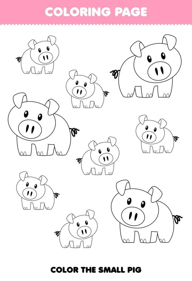 jeu d'éducation pour les enfants coloriage grande ou petite image de dessin animé mignon cochon animal dessin au trait feuille de travail imprimable vecteur
