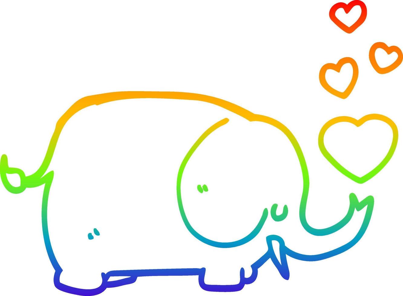 ligne de gradient arc-en-ciel dessinant un éléphant de dessin animé mignon avec des coeurs d'amour vecteur