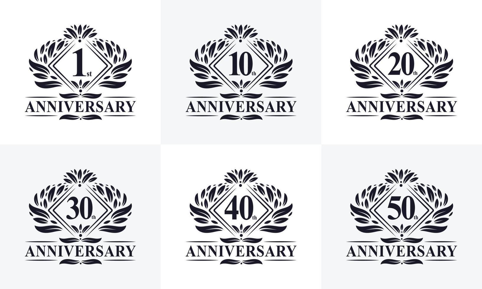 ensemble de logo anniversaire rétro vintage. ensemble luxueux de logo d'anniversaire d'or. Lot de logos 1er, 10e, 20e, 30e, 40e, 50e anniversaire. vecteur